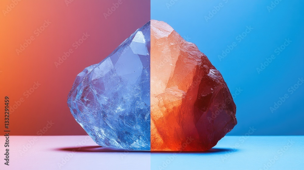 Poster a split view of a rough gemstone before and after cutting, showing the transformation process.