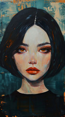 Painted portrait of woman with black hair and red lips.