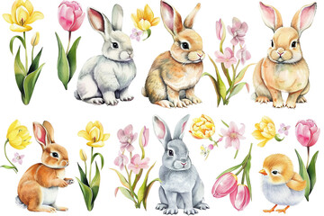 Two Bunnies Surrounded by Spring Flowers and Easter Eggs