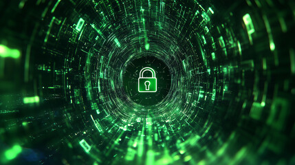 Fototapeta premium Cybersecurity green matrix light key lock programing to protect systems, networks, and company data from digital attacks hacker.