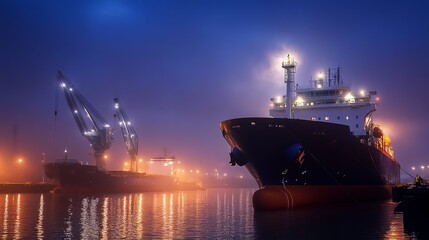 Cargo ships docked at a bustling harbor during twilight with cranes and fog enhancing the atmosphere