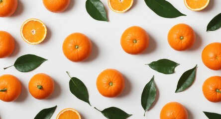 Fresh orange with green leaves on white. Food background. Top view