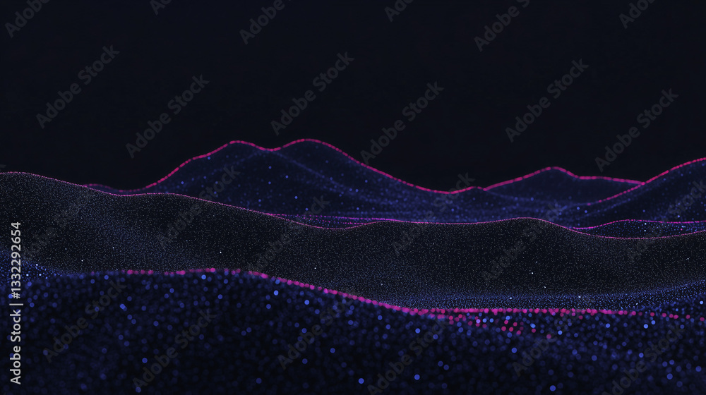 Poster digital terrain: a digital landscape with rolling hills and abstract terrain illuminated by light.