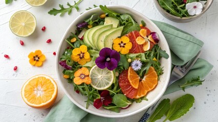 Colorful Salad with Edible Flowers, Citrus Slices, and Avocado in a Bowl on a Bright Background, Representing Creativity and Healthy Living