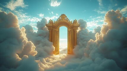 Ornate golden gate floats high above billowing clouds in the heavens