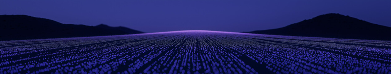 Fototapeta premium Mystical Lavender Field at Dusk: An ethereal image of a vast lavender field stretches towards the horizon. The twilight sky bathes the scene in soft, cool hues, with hints of mountains silhouettes.