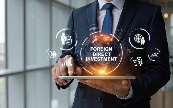 Global Investment: A sharply dressed businessman utilizes a tablet, a holographic globe with "Foreign Direct Investment" emblazoned upon it, symbolizing the flow of international finance and commerce.