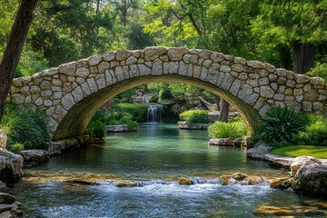 Tranquil Stone Bridge Over Serene Waterfall in Lush Green Forest Landscape