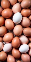 Fresh chicken eggs for sale at market. Food background. Generative AI