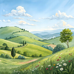 Fototapeta premium a watercolor painting of a peaceful countryside