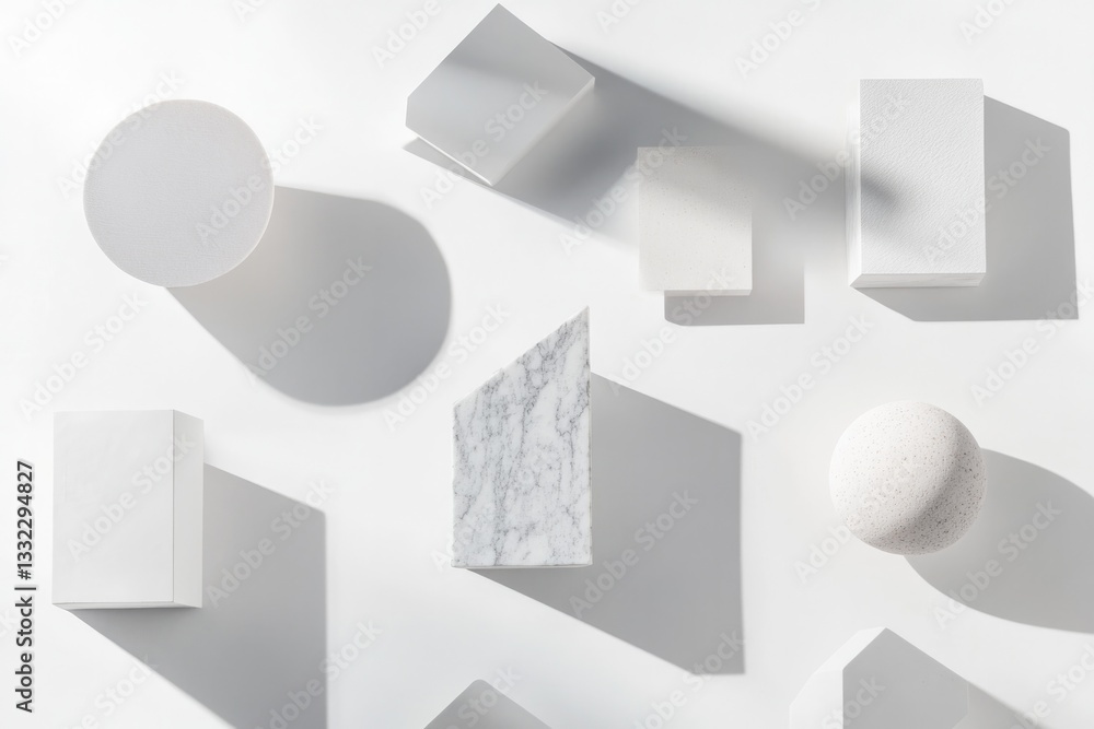 Poster collection of abstract geometric shapes casting soft shadows on seamless white background