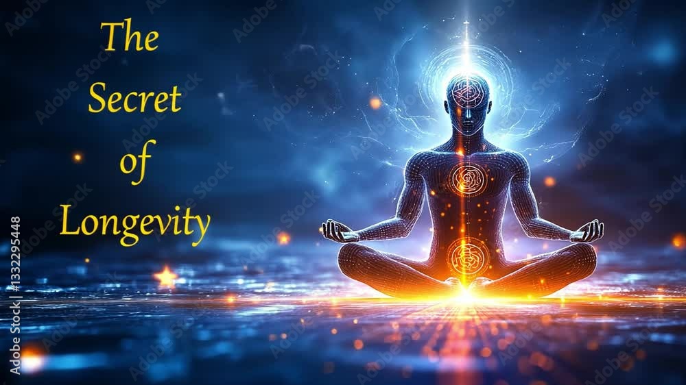 Poster exploring the secret of longevity through meditation and energy visualization in a serene setting