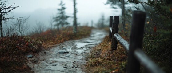 A misty mountain trail lined with wooden fences, portraying mystery and calm, invites one to explore the tranquil wilderness ahead.