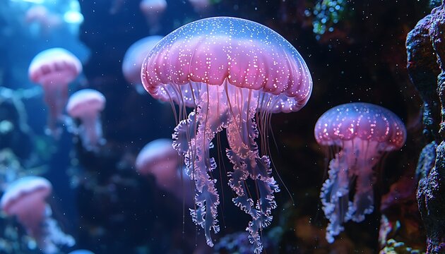 Pink jellyfish drift in ocean aquarium