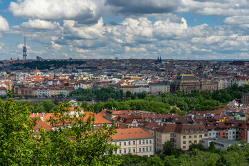 Fototapeta premium Aerial view of Prague historical center. Mala Strana, Nove Mesto, Zizkov TV tower
