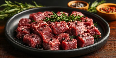 Ingredients for goulash or stew cooking: raw meat, herbs, spices, vegetables and spoon of salt on rustic wooden background, top view. Banner for website