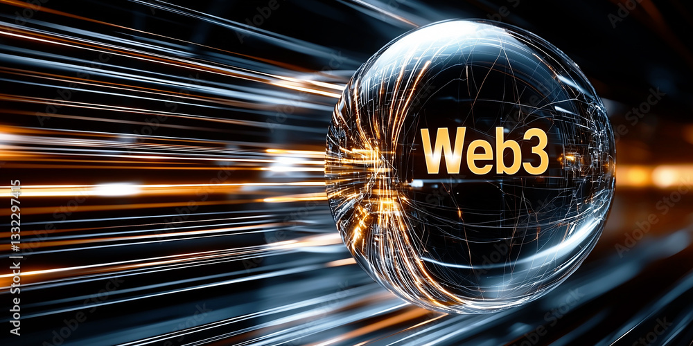 Poster a glowing futuristic sphere with web3 text hovers in a fast-moving digital stream of light, symboliz