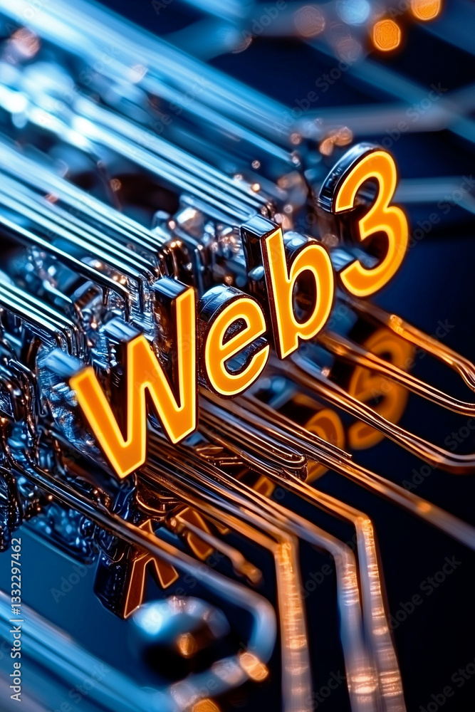 Poster a futuristic web3 sign glows in orange over intricate metallic circuits and digital connections, sym