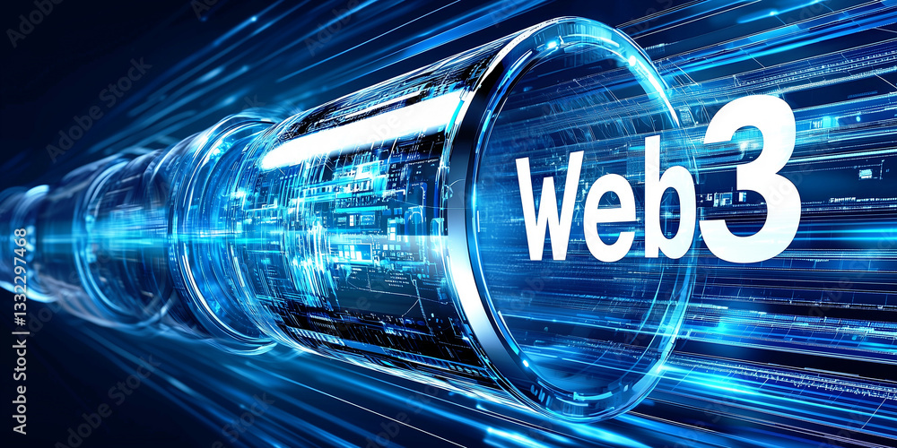 Poster a futuristic data tunnel with glowing blue lights and digital elements surrounds the bold web3 text,