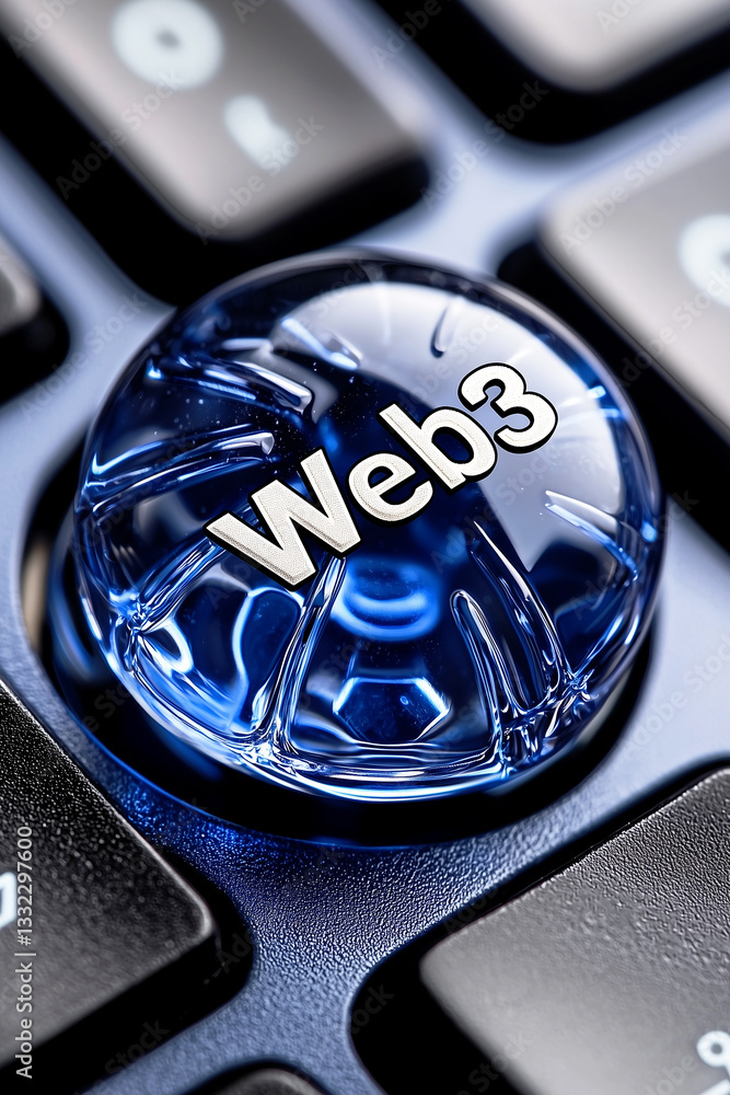 Poster close-up of a futuristic web3 keyboard key with a glossy, crystal like design. the blue transparent 