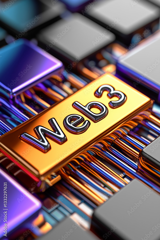 Poster close-up of a high tech microchip with the word web3 on a golden key. metallic, futuristic design wi