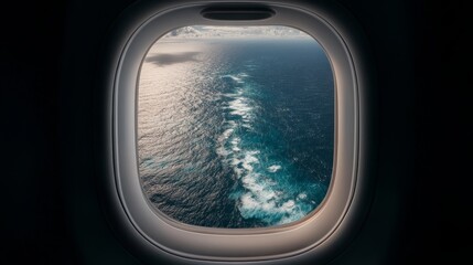 Fototapeta premium Airplane window view of the sky and ocean during boarding travel experience on board serene atmosphere