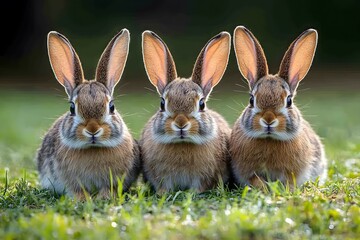 Fototapeta premium Three Playful Rabbits on Green Grass in Natural Spring Setting