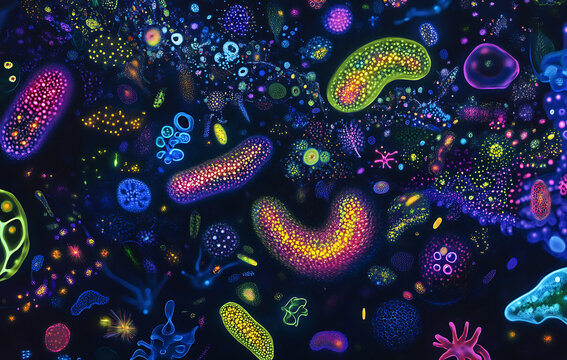 landscape, glowing microorganisms forming intricate patterns, magical bioluminescent bacteria in a tiny universe 