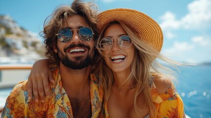 A group of friends enjoying a music festival, sipping cocktails on a boat against a blue sky backdrop. Happy young people laughing together at a summer outdoor party.  party, and travel concept