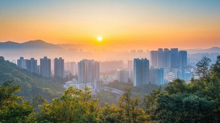 Fototapeta premium Serene Cityscape at Sunrise with Lush Greenery and Misty Mountains Capturing the Beauty of Urban Life in a Peaceful Dawn Atmosphere