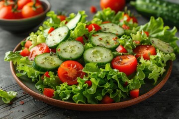 Vegetable salad, cucumber, tomato in a wooden bowl.