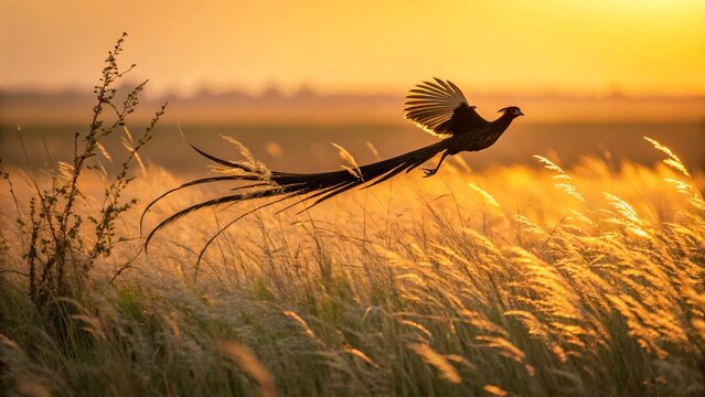 Long-Tailed Widowbird Flying Over Grassland