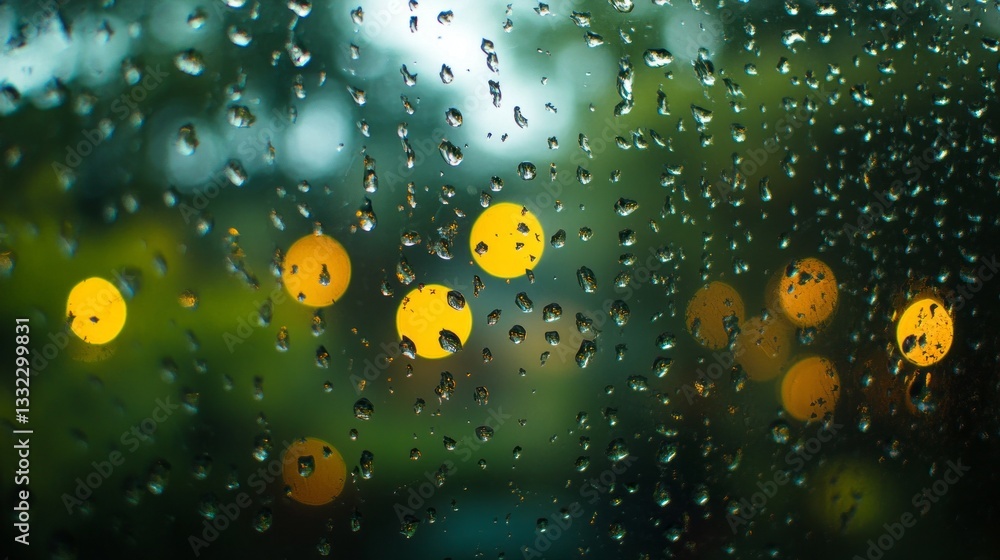 Poster Raindrops trickle down a window, distorting the view outside. Soft bokeh lights create a warm ambiance, contrasting the cool, wet day, inviting a moment of reflection and tranquility
