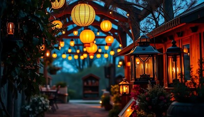 Obraz premium Serene Evening Pathway Adorned with Warm Lanterns and Decorative Lights in a Tranquil Garden Setting