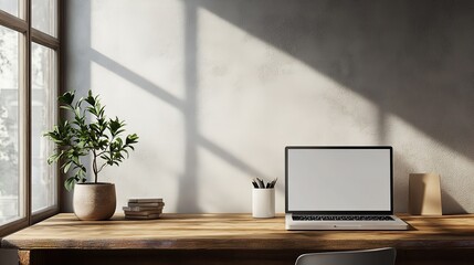 Fototapeta premium Stylish desk in modern office with laptop and natural decorative elements..