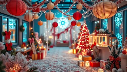 Festive Holiday Decor in Cozy Indoor Setting with Christmas Tree, Lanterns, and String Lights