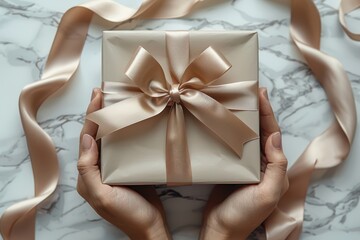 Top view of hands holding a gift box with a beige ribbon on a white background
