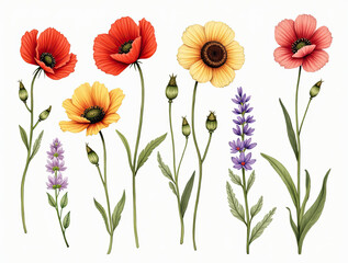 Fototapeta premium Colorful wildflower arrangement showcasing various blossoms in a botanical illustration