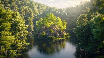 Forest lake island sunrise, peaceful nature scene, aerial view, tranquility