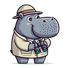 Fototapeta premium Safari explorer hippo with binoculars and field vest. Vector illustration for wildlife observation, nature excursions or outdoor adventure tourism.