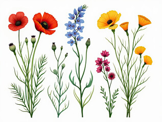 Fototapeta premium Colorful botanical illustration of various flowers and plants in a natural style