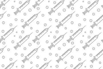 Medical pills and syringes seamless pattern. Outline syringe and pills background. Syringe and pills pattern in black and white.