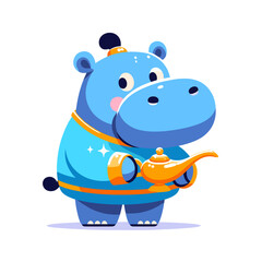 Naklejka premium Blue hippo genie with magic lamp and outfit. Vector illustration ideal for fantasy themes, wish fulfillment concepts or magical storytelling illustrations.