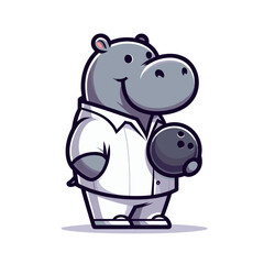 Naklejka premium Professional hippo bowler in white uniform holding ball. Vector illustration concept for sports league mascot or bowling alley character design.