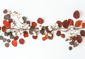 Autumn composition. Frame made of eucalyptus branches, cotton flowers, dried leaves on white background. Autumn, fall concept. Flat lay, top view, copy space