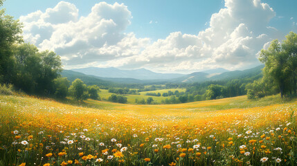 Golden Wheat Field Under a Bright Blue Sky with Fluffy Clouds of agriculture in nature.