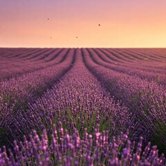 Obraz premium A serene sunset over a vast lavender field, with the sun setting on the horizon, casting a warm glow over the purple blooms and a soft, pink sky