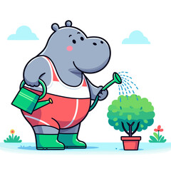 Naklejka premium Gardener hippo in coral outfit watering plants. Vector illustration concept for gardening service mascot or plant care brand character design.