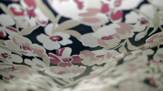 Fabric with beautiful colorful floral patterns flutters in the wind. Closeup. Macro. Slow mo, slow motion, high speed camera, 200fps