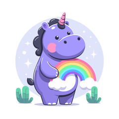 Magical unicorn hippo with rainbow and sparkles. Vector illustration ideal for children's fantasy content, positive motivation themes, and colorful playroom decor.